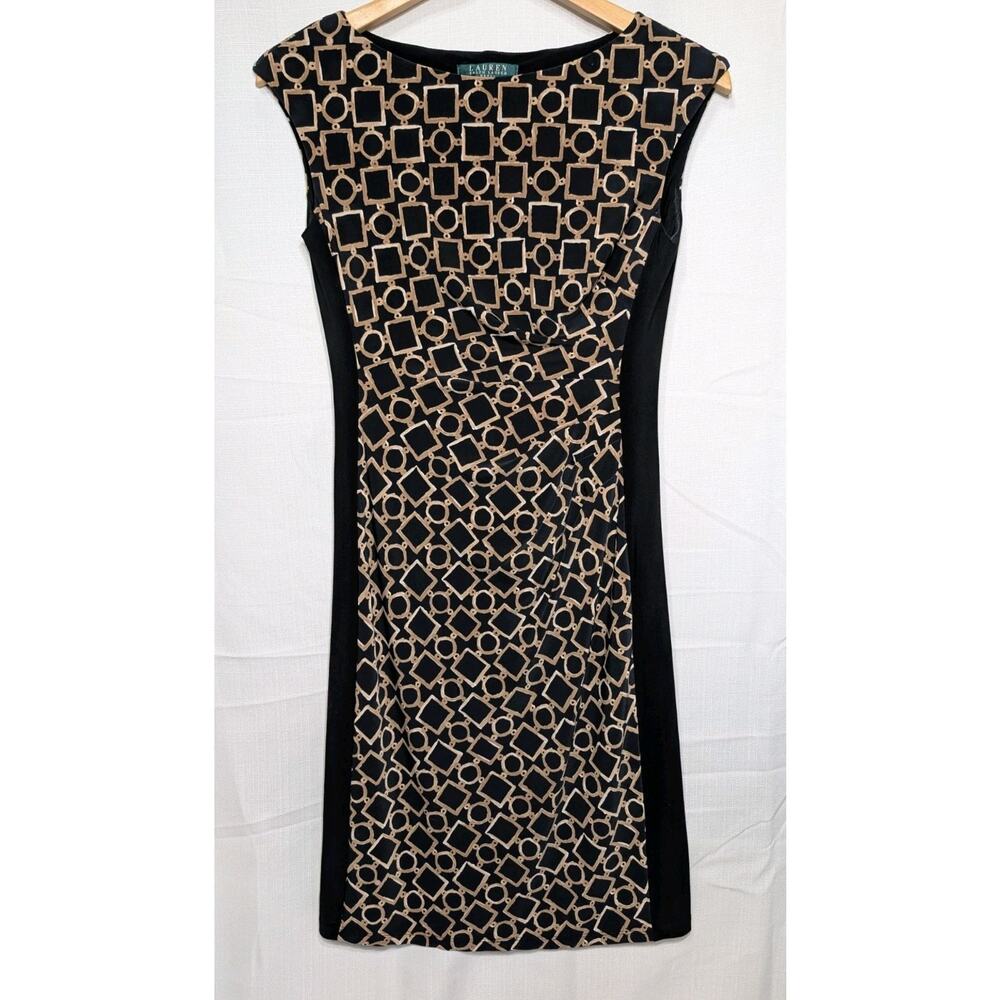 Lauren Ralph Lauren Geometric Print Side Ruched Sheath Dress Sz 4 Black Tan Slim